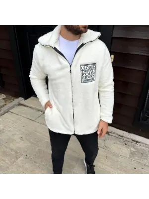 Erkek Polar Fermuarlı Sweatshirt – Kapüşonsuz, Cepli, Yumuşak Dokulu, Oversize Rahat Kalıp, Kışlık Sıcak Tutan Fermuarlı Üst - Beyaz
