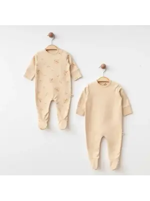 Omarı Yumuşak Pamuklu Bej Bebek Tulum Seti