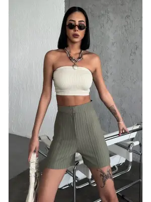 Omarı Esnek Krep Kumaşlı Yüksek Bel Çizgili Şort Haki