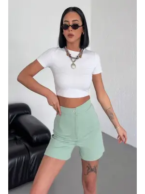 Omarı Esnek Yüksek Bel Krep Şort - Su Yeşili
