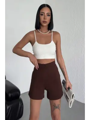 Omarı Esnek Likralı Yüksek Bel Kahverengi Krep Şort