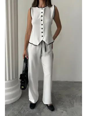 Omarı Keten Biyeli Yelek ve Pantolon Takımı - Beyaz