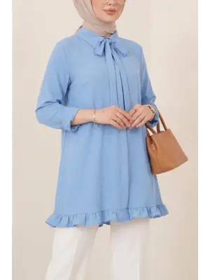 Eteği Fırfırlı Beli Bağcıklı Gizli Düğmeli Modal Tunik  -Bebe Mavi