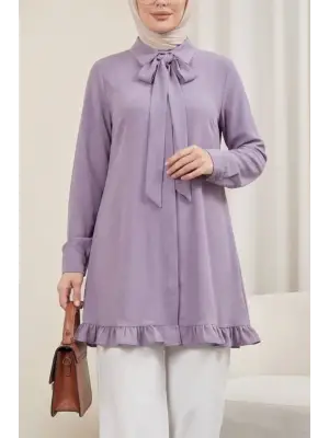 Eteği Fırfırlı Beli Bağcıklı Gizli Düğmeli Modal Tunik  -Leylak