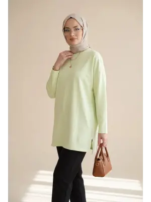 Eteği Kalp Detaylı Yırtmaçlı Salaş Penye Tunik -Açık Sarı