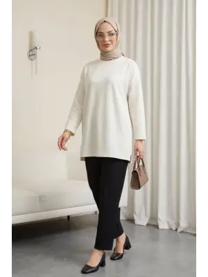 Eteği Kalp Detaylı Yırtmaçlı Salaş Penye Tunik  -Ekru