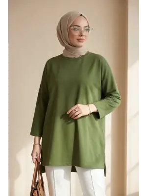 Eteği Kalp Detaylı Yırtmaçlı Salaş Penye Tunik -Haki