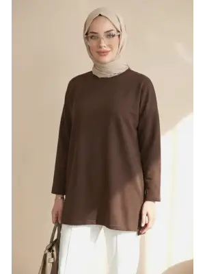 Eteği Kalp Detaylı Yırtmaçlı Salaş Penye Tunik -Kahve