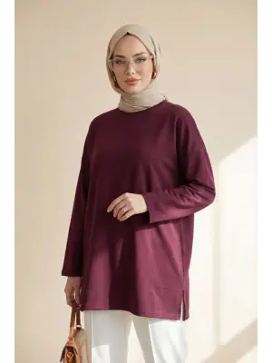 Eteği Kalp Detaylı Yırtmaçlı Salaş Penye Tunik -Mürdüm