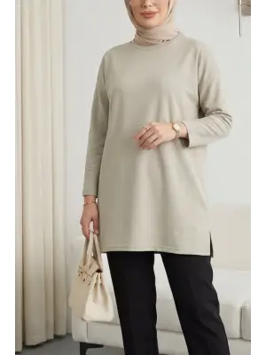 Eteği Kalp Detaylı Yırtmaçlı Salaş Penye Tunik  -Taş