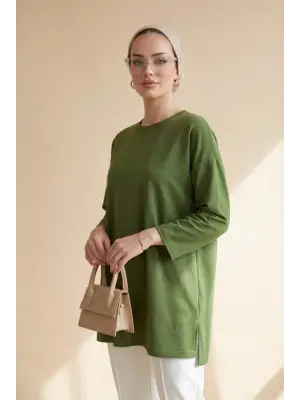 Eteği Kalp Detaylı Yırtmaçlı Salaş Penye Tunik -Yeşil