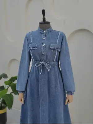 Eteği Püsküllü Tünel Bağcıklı Kot Elbise -Buz Mavi