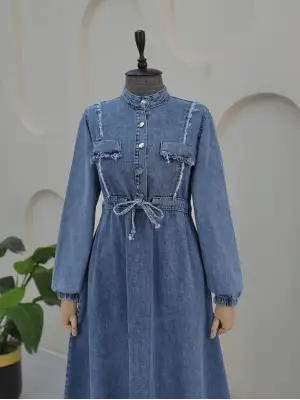 Omarı Püsküllü Kot Elbise - Buz Mavi