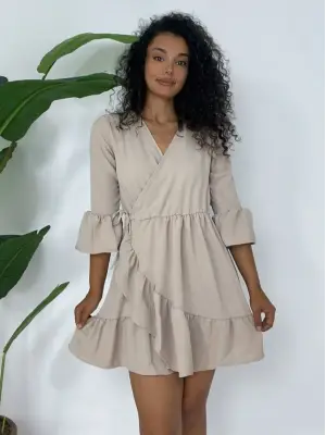 Eteği Ve Kolları Fırfırlı Beli Lastikli Ayrobin Elbise  -Açık Vizon