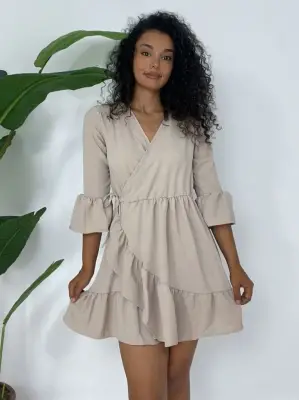 Omarı Fırfırlı Beli Lastikli Vizon Elbise