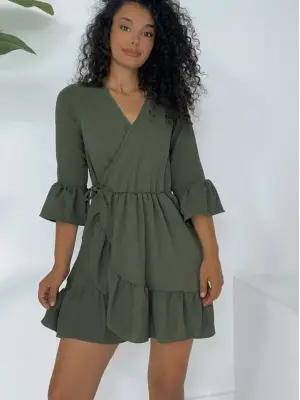 Eteği Ve Kolları Fırfırlı Beli Lastikli Ayrobin Elbise -Haki