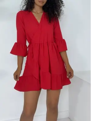 Eteği Ve Kolları Fırfırlı Beli Lastikli Ayrobin Elbise  -Kırmızı