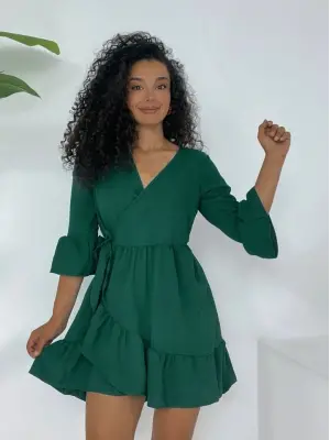 Eteği Ve Kolları Fırfırlı Beli Lastikli Ayrobin Elbise  -Zümrüt