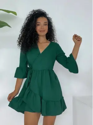 Omarı Fırfırlı Beli Lastikli Zümrüt Elbise