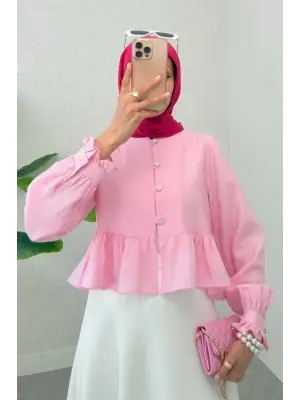 Eteği Ve Kolu Fırfırlı Taşlı Düğmeli Modal Kumaş Gömlek  -Pembe