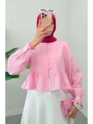 Eteği Ve Kolu Fırfırlı Taşlı Düğmeli Modal Kumaş Gömlek  -Pembe