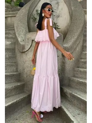 Etek Ucu Brode Nakışlı Boyundan Bağlamalı Elbise 2881