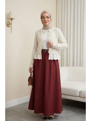Etek Ucu Dikiş Detaylı Beli Lastikli Astarlı İthal Soft Gabardin Etek  -Bordo