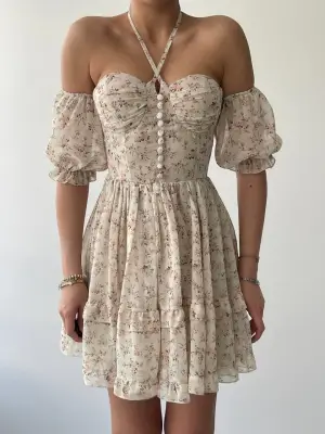 Omarı Sırt Dekolteli Bağlamalı Mavi Elbise