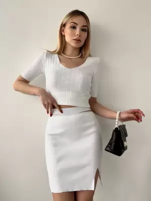 SMK Shop Etekli triko takım beyaz t23107