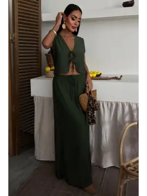 Omarı Önden Bağlamalı Uzun Etekli Yelek Takımı