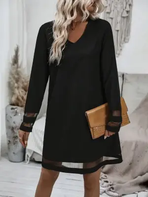 Omarı Tül Detaylı Kadın Uzun Kollu V Yakalı Elbise