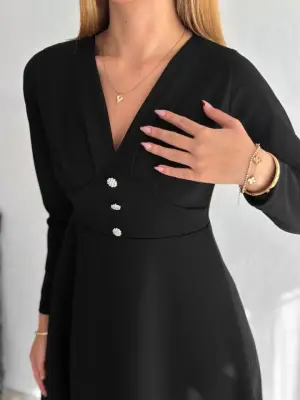 Omarı Şık Kadın Krep Kumaş V Yaka Elbise