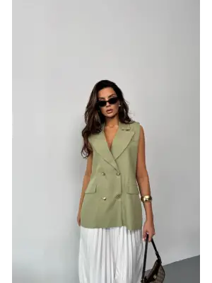 Omarı Yeşil Keten Yelek - Gold Düğmeli Elegan Şıklık