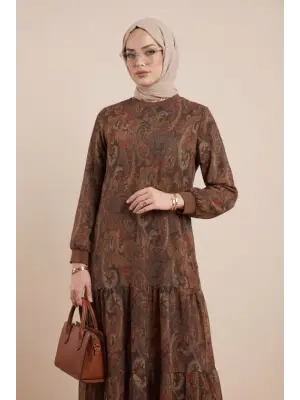 Etnik Desen Eteği Parçalı Astarlı Şifon Elbise  -Açık Kahve