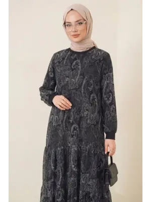 Etnik Desen Eteği Parçalı Astarlı Şifon Elbise  -Antrasit