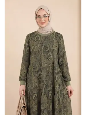 Etnik Desen Eteği Parçalı Astarlı Şifon Elbise    -Haki