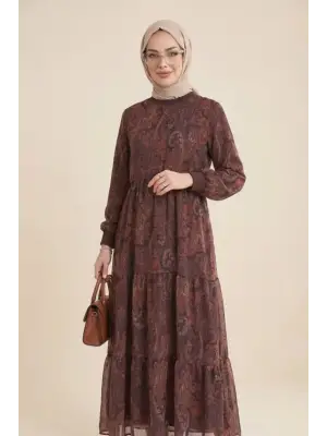 Etnik Desen Eteği Parçalı Astarlı Şifon Elbise  -Mürdüm