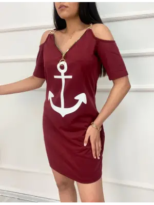 Omarı Çıpa Baskılı Fermuar Detaylı Elbise - Bordo