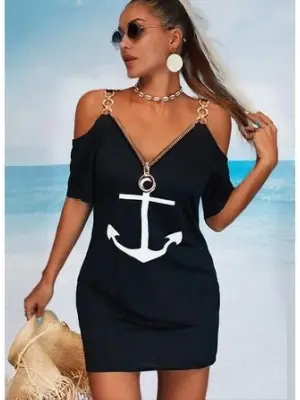 Fermuar Detay çıpa Baskılı Zincir Askılı Viskon Elbise