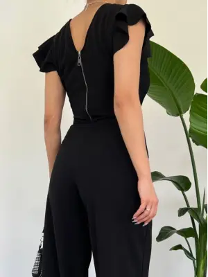 Siyah Fermuar Detaylı Fırfırlı Tulum Kadın Giyim