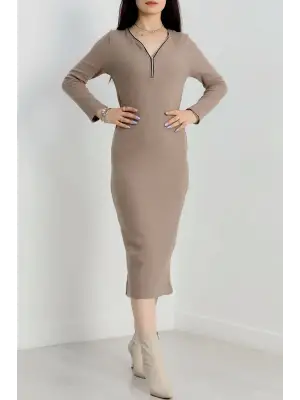 Fermuar detaylı fitilli şardonlu elbise bej a3178