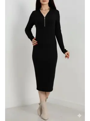 Fermuar detaylı fitilli şardonlu elbise siyah a3178