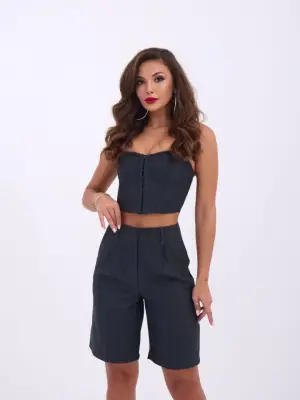 Omarı Kadife Kısa Kollu Crop Bluz