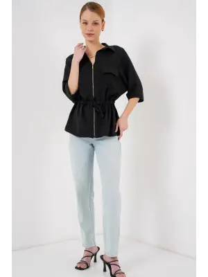 Siyah Fermuarlı Gömlek Kadın Giyim