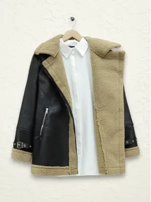 Omarı Pelüş İçiyle Sıcacık Deri Ceket - Açık Kahve