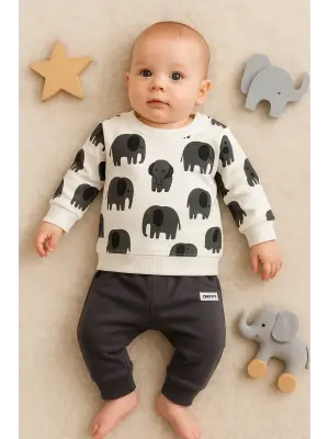 Fil Desenli 2li % 100 Pamuk Erkek Bebek Takımı