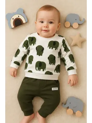 Fil Desenli 2li % 100 Pamuk Erkek Bebek Takımı