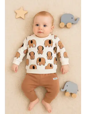 Fil Desenli 2li % 100 Pamuk Erkek Bebek Takımı