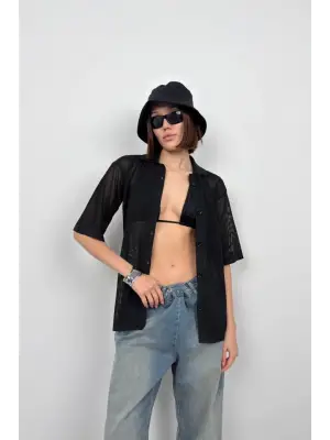 Omarı Fileli Polo Yaka Bluz