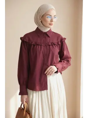 Fırfır Detaylı Düğmeli Kısa Gömlek -Bordo